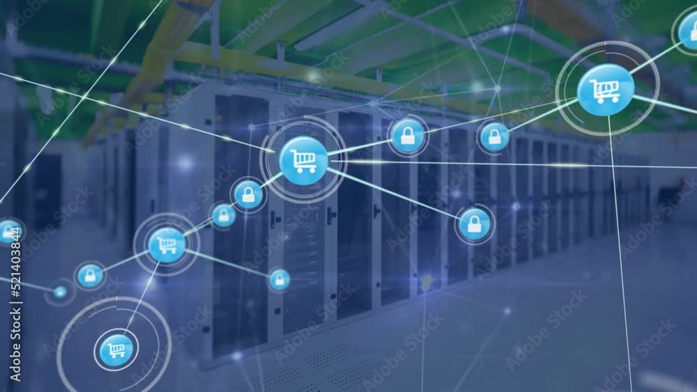 Poster animation of data network of shopping cart and padlock icons over computer server room