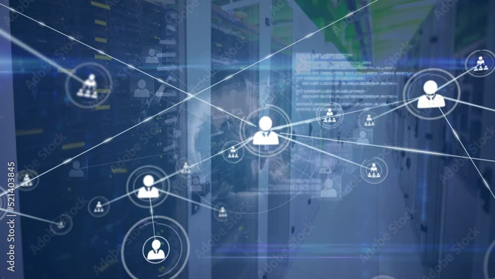 Poster animation of network of people icons and data processing over computer server room