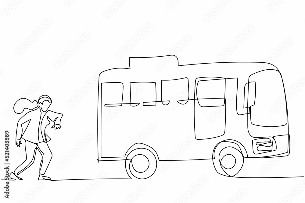 Poster continuous one line drawing businesswoman run chasing try to catch bus. hurry running to get transpo