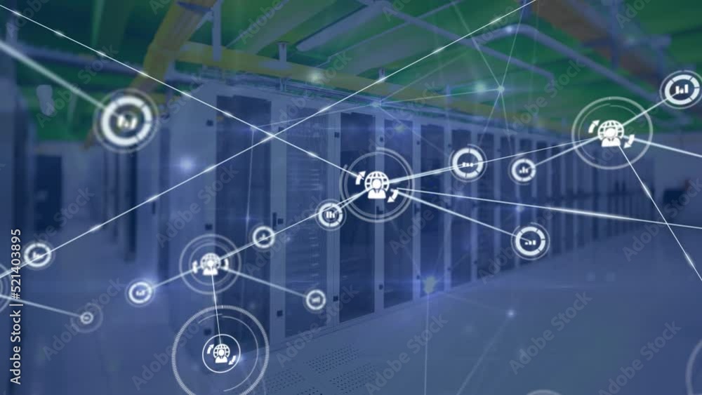 Poster animation of network of communication icons and data processing over computer server room