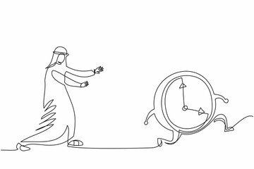 Continuous one line drawing Arab businessman chasing time. Manager runs after clock. Business concept of deadline, time management, fear of being late. Single line design vector graphic illustration