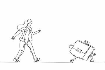 Continuous one line drawing businesswoman run chasing try to catch briefcase. Chasing high performance active mutual fund, buying rising star stock funds. Single line draw design vector illustration