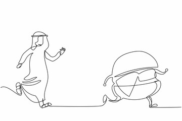 Continuous one line drawing Arab businessman run chasing hamburger. Favorite tasty fast food, hungry time, obesity, unhealthy. Business metaphor. Single line draw design vector graphic illustration
