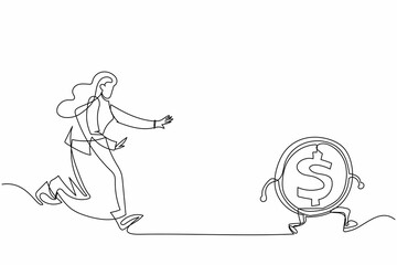 Single continuous line drawing businesswoman run chasing try to catch high performance attractive dollar coin. Chasing high performance active mutual fund. One line graphic design vector illustration