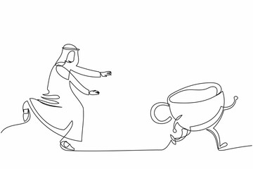 Continuous one line drawing Arab businessman run chasing coffee cup. Drinking and breakfast in the morning. Cappuccino latte for coffee break at office. Single line graphic design vector illustration