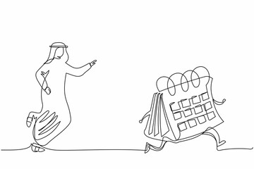 Single continuous line drawing Arab businessman chasing calendar. Employee plans his schedule and appointments for the month. Time management and optimization, planning. One line graphic design vector