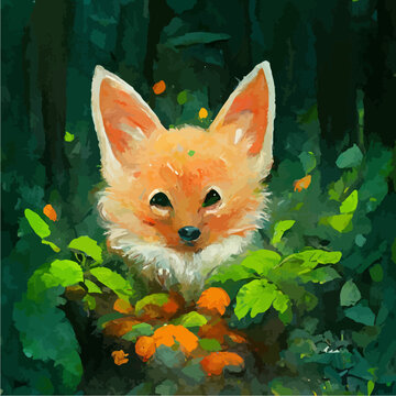 Fox Cute Orange In Green Forest Oil Paint Style