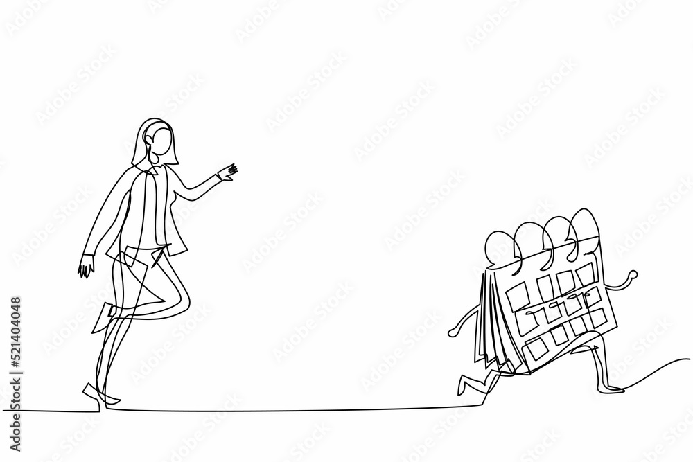 Poster single one line drawing businesswoman run chasing try to catch calendar. manager being chased by wor