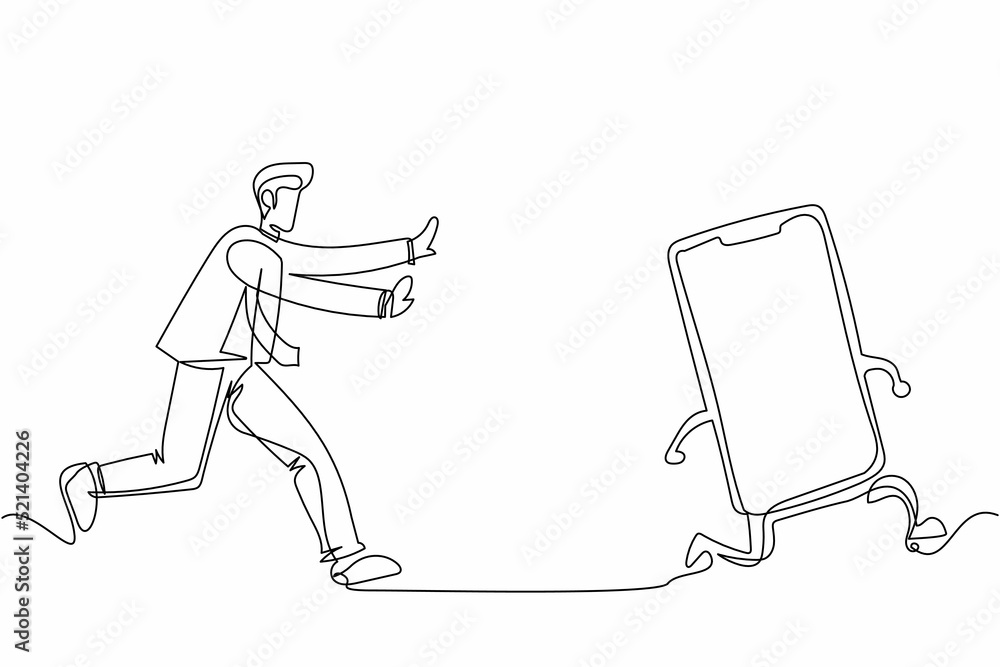 Poster continuous one line drawing businessman run chasing try to catch smartphone. concept of talking, com