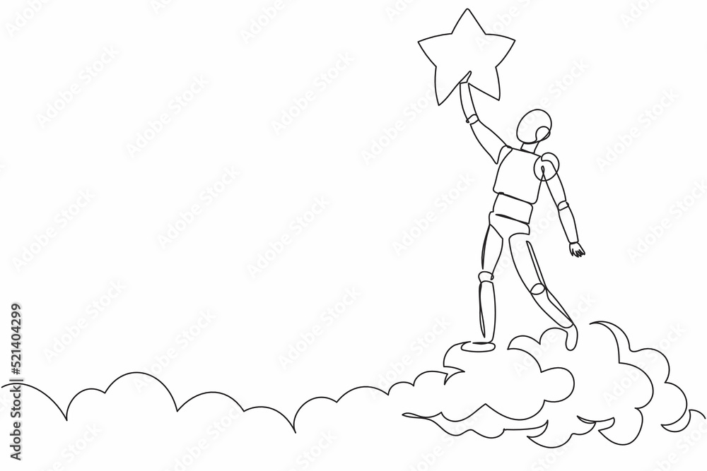 Aufkleber continuous one line drawing robot reaching star on the sky. business champion to get reward. humanoi