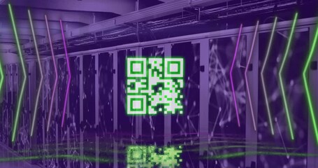 Animation of yellow qr code and neon lights over networks and computer server room - Powered by Adobe