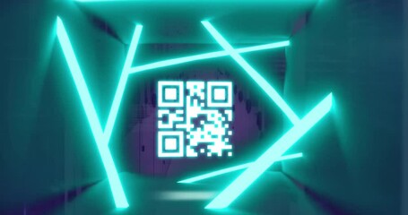 Animation of glowing neon and qr code flickering over computer servers - Powered by Adobe