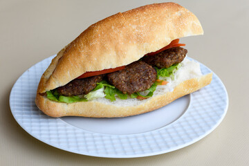 Meatball between bread (Turkish name : ekmek arasi kofte ) Izgara kofte. Manisa, Akcaabat, Akhisar  kofte