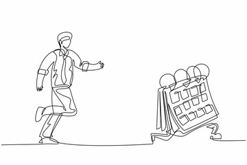 Single continuous line drawing businessman run chasing try to catch calendar. Manager being chased by work deadlines. Running out of time. Business metaphor. One line draw design vector illustration