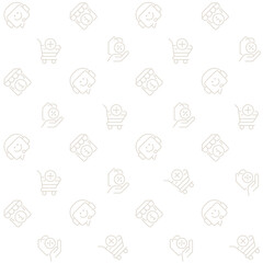 Internet store abstract seamless pattern. Editable vector shapes on white background. Trendy texture with cartoon color icons. Design with graphic elements for interior, fabric, website decoration