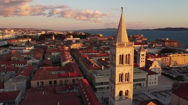 Aerial drone view of the tower of Cathedral of Saint Anastasia in Zadar, Croatia