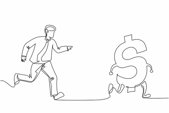 Single one line drawing businessman chasing dollar symbol, trying to catch it, return his money. Financial crisis, ROI, return on investment business. Continuous line draw design vector illustration
