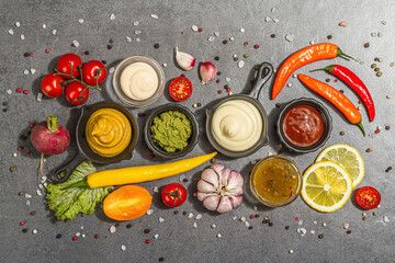 Set of sauces and fresh vegetables. Ketchup, mustard, mayonnaise, wasabi, sweet curry, and BBQ