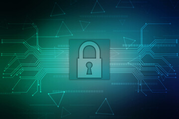 Digital Padlock on abstract technology background, Technology security concept. Modern safety digital background. Protection system, Cyber Security and safety information, personal data concept