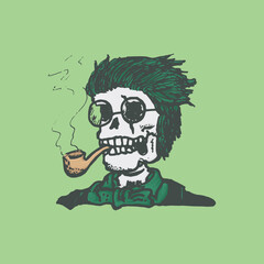Hand drawn illustration of a skull with a smoking pipe on a green background