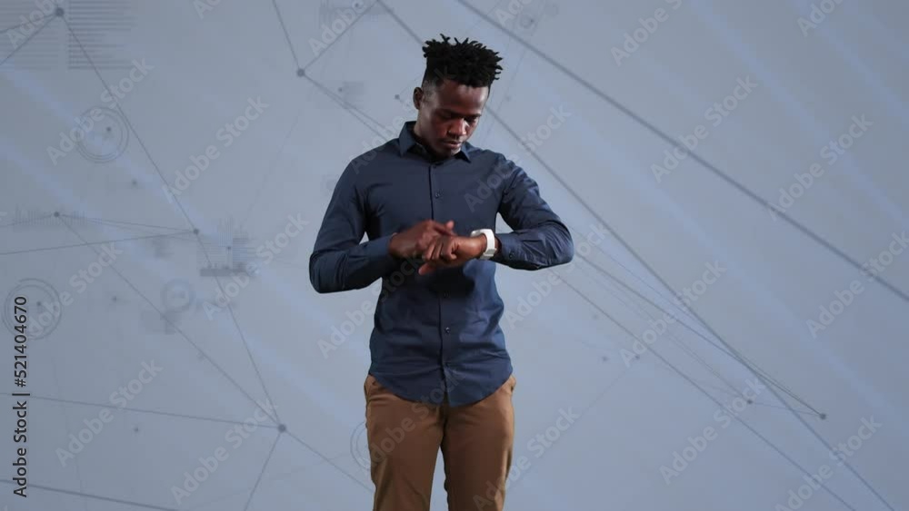 Poster animation of smiling african american man using smartwatch over network processing data
