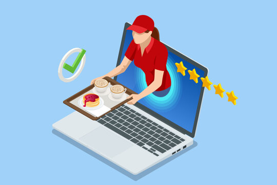 Isometric Online Meal Ordering. Coffee Fast Delivery. Delivery Guy Thru Out Of Cell Phone, Hold Out Hand With Coffee Cups. Address Online Delivery Service With Five Stars Rating