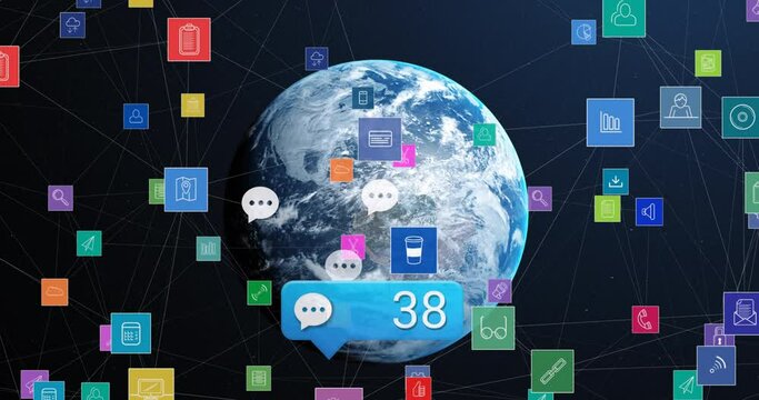 Animation of colourful social media icons and notifications floating over globe in night sky - Powered by Adobe