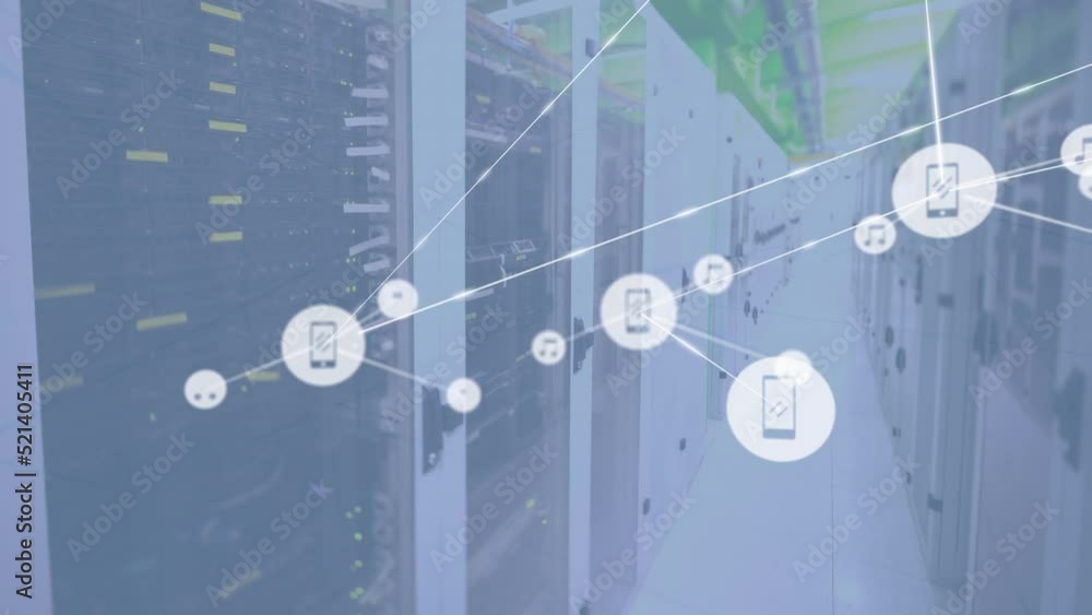 Poster animation of network of media icons exchanging data over computer server room