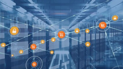 Animation of network of shopping cart and padlock icons and data processing over server room - Powered by Adobe
