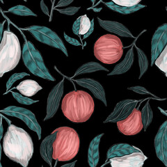 Fototapeta premium Creative seamless pattern with fruits: lemons, oranges, grapes and pomegranates. Oil paint effect. Bright summer print. Great design for any purposes 