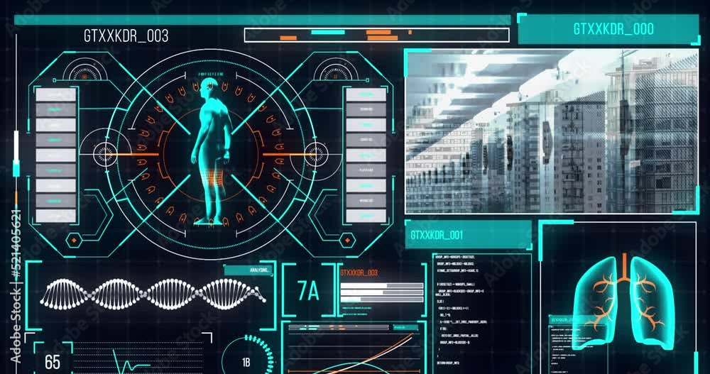 Poster animation of medical data processing over cityscape and computer servers