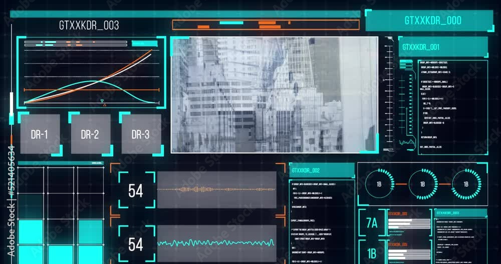 Sticker Animation of data processing over cityscape and screens