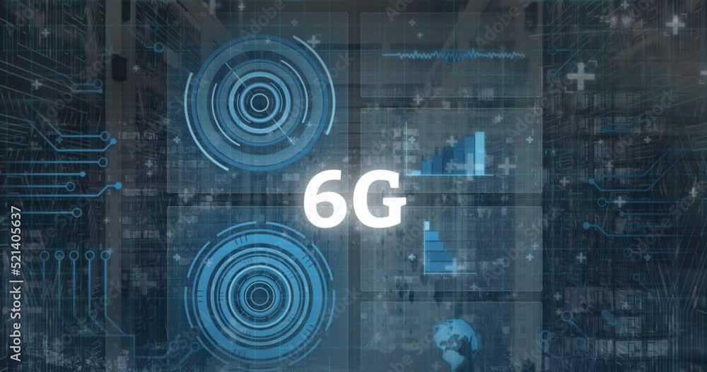 Poster animation of 6g text and data processing over cityscape and computer servers