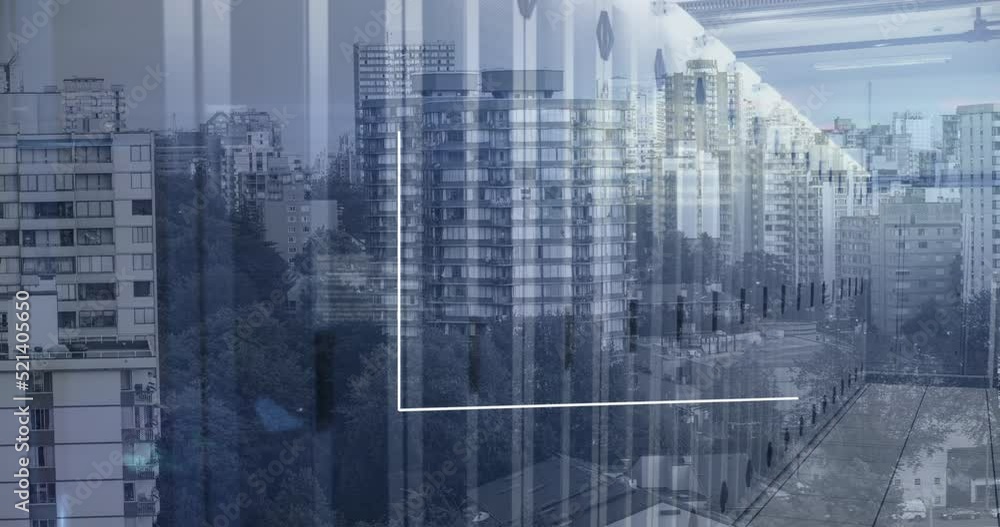 Poster animation of statistics and data processing over cityscape and computer servers