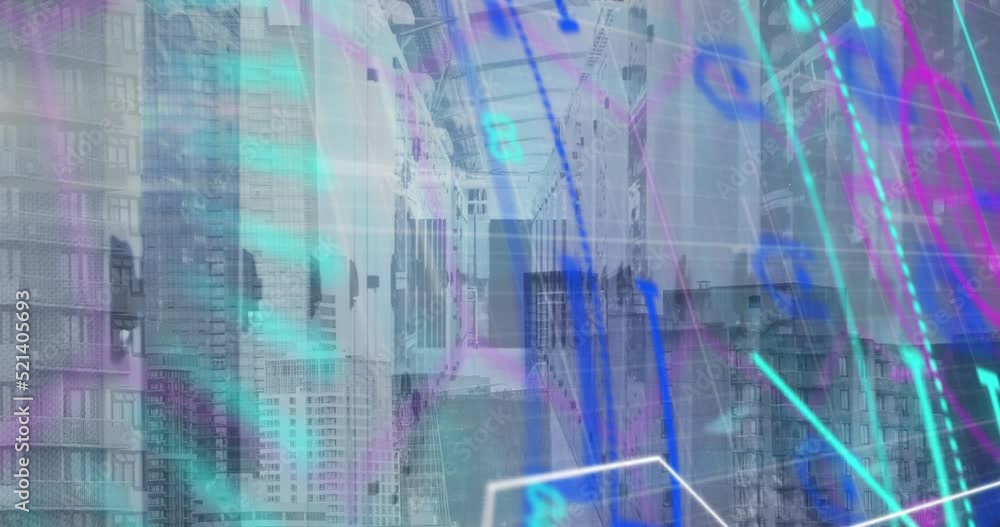 Poster animation of data processing over cityscape and computer servers