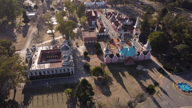 Medieval castle at abandoned Children Republic or Rep&uacute;blica de los Ni&ntilde;os theme park at La Plata in Buenos Aires, Argentina. Aerial circling
