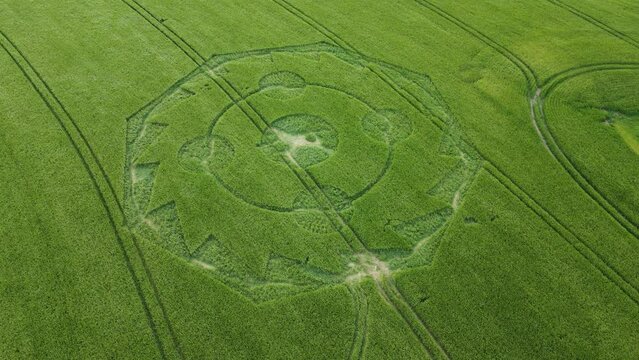Aerial view rotating above Wiltshire geometric crop circle in lush countryside farmland meadow 2022