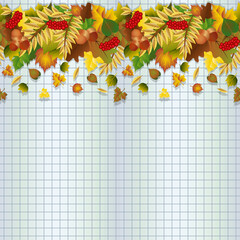 Back to School notebook, seamless banner with autumn leaves , vector illustration