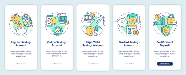 Types of saving accounts onboarding mobile app screen. Banking walkthrough 5 steps editable graphic instructions with linear concepts. UI, UX, GUI template. Myriad Pro-Bold, Regular fonts used