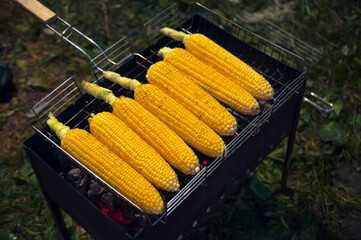 Cobs of corn fried on a grill over hot charcoals