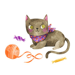 Watercolor illustration of a cute black cat sitting with a ball of yarn and candy. Illustration of domestic animals - a kitten with green eyes.