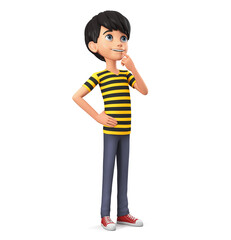 Cartoon character guy thinks on a white background. 3d rendering illustration.