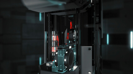 Abstract monochromatic futuristic machine engine. Animation. Close up of rotating details and shining indicators inside of technological mechanism. © Media Whale Stock