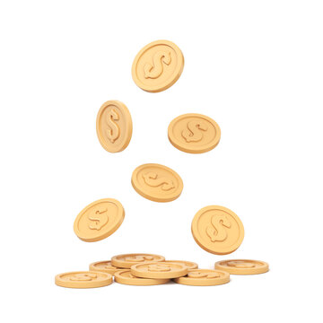 Coins are falling on a white background. 3d render illustration.