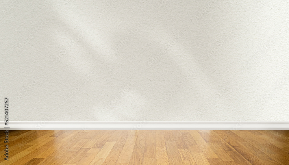 Wall mural Front view of wooden parquet floor and blank light beige wall with abstract shadows, living room interior