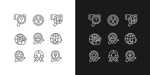 Target market analysis pixel perfect linear icons set for dark, light mode. Customers attracting. Worldwide marketing. Thin line symbols for night, day theme. Isolated illustrations. Editable stroke