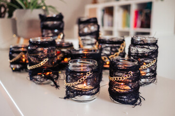 Handmade candle holder with black chiffon and golden chains