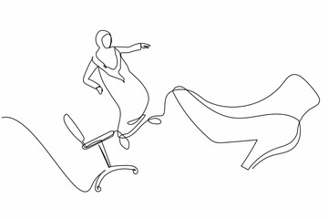 Single one line drawing unhappy small Arabian businesswoman kicked out by big foot from chair. Staff reduction, fired worker. Minimal metaphor. Continuous line draw design graphic vector illustration