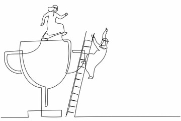 Single continuous line drawing Arabian businessman kicking to make his rival falling down from the top ladder trophy of success. Minimalism metaphor. One line draw graphic design vector illustration