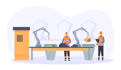 Flat garbage recycle factory building. Male character working on raw materials, sorting rubbish. Cartoon male characters
